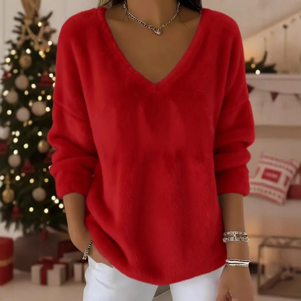 Plush Pullover With A Drop-shoulder V-neck And Long Sleeves
