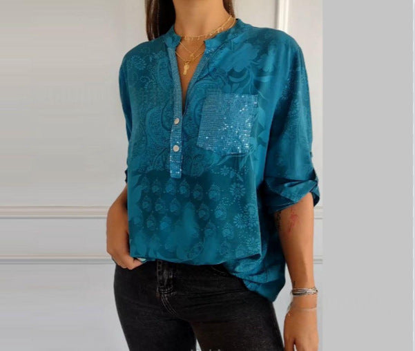 Summer New European And American Women's Fashion High-end Temperament Elegant Printed Shirt Top