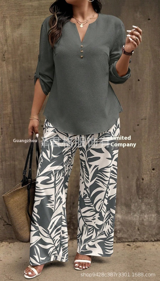 Ladies V-neck Shirt Tropical Plants Printed Pants Suit