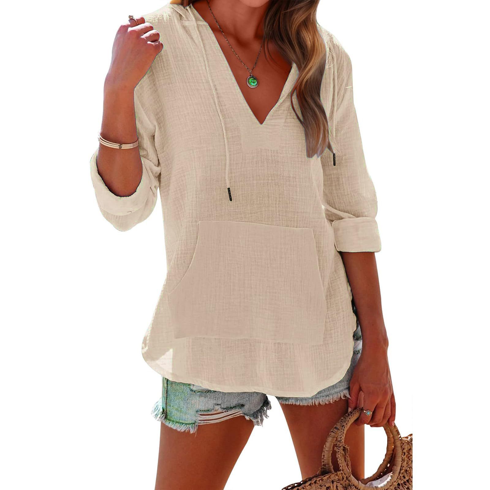 Sports Long Sleeve V-neck Pocket Hooded Women's Shirt Top
