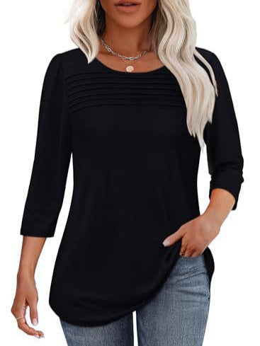 Ladies' Autumn And Winter Round Neck Three-quarters Sleeved Chest Tuck Line Pleated Top