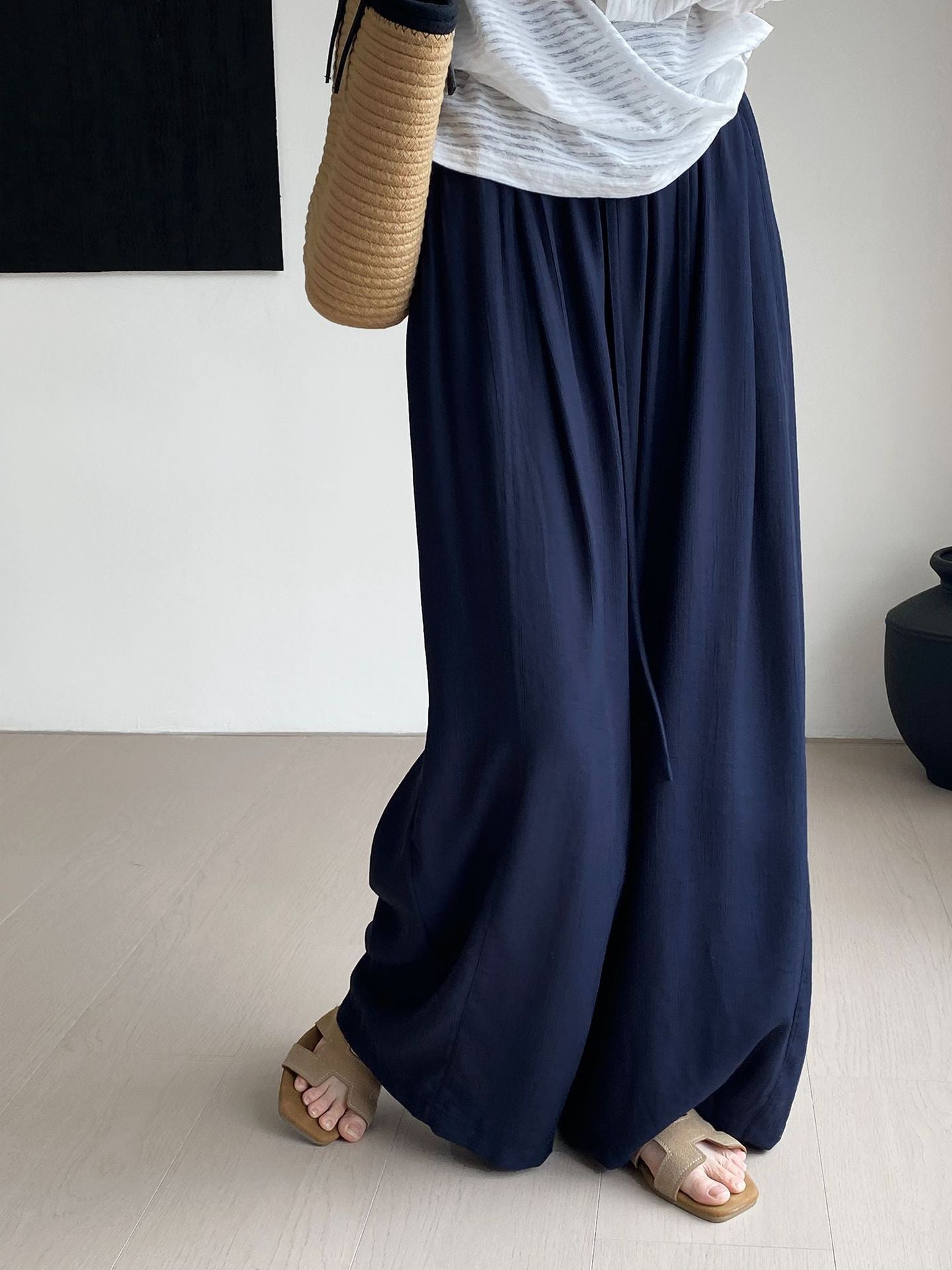 Thin Drawstring Elastic Waist Comfortable Breathable Casual Wide-leg Pants For Women