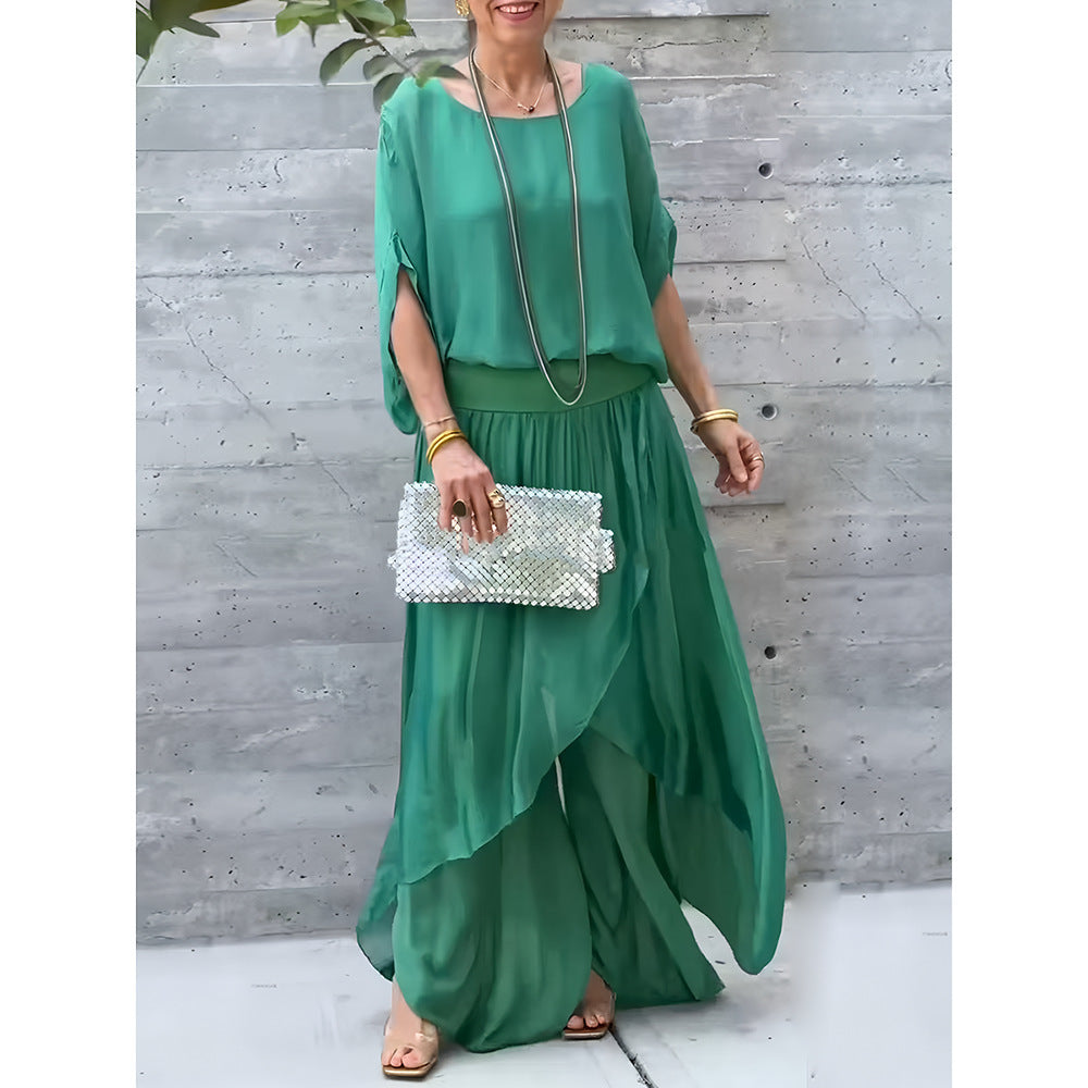 Top Split Wide Leg Pants Chiffon Casual Suit