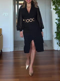 Black V-Neck Chiffon Lantern Sleeve Waist-Cinched Split Midi Dress