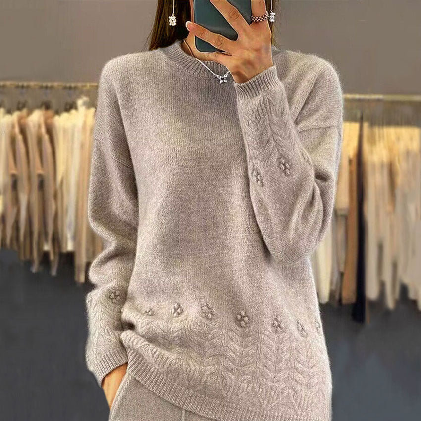 Women's Round Neck Solid Color Sweater Top Vintage Crocheted Pullover