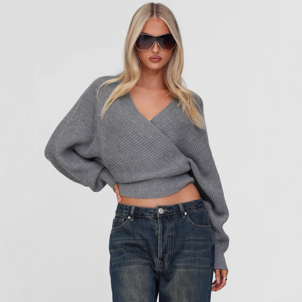 Cropped V-neck Long-sleeve Pullover Knit Sweater