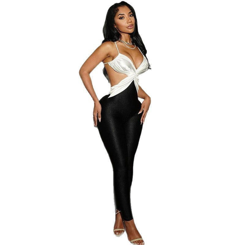 Summer Women's Backless Contrast Color High Waist Tight Slimming One-piece Trousers