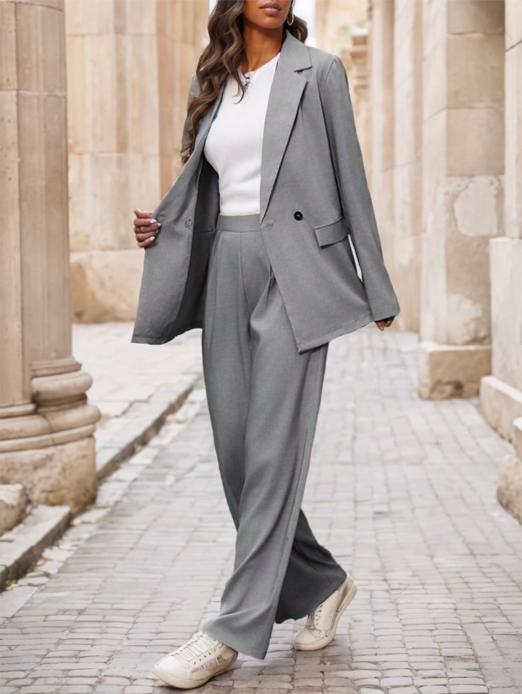 Ladies' Notched Collar Double Button Blazer And Pants Set