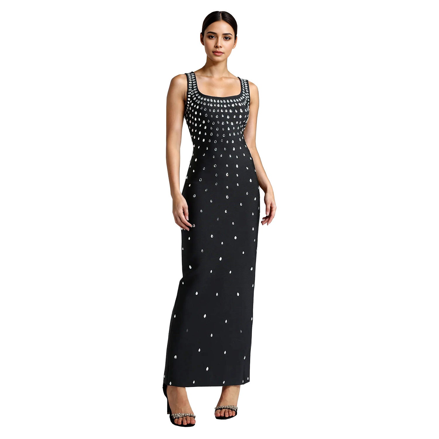 Rhinestone U-neck Sleeveless Sheath Tight Dress