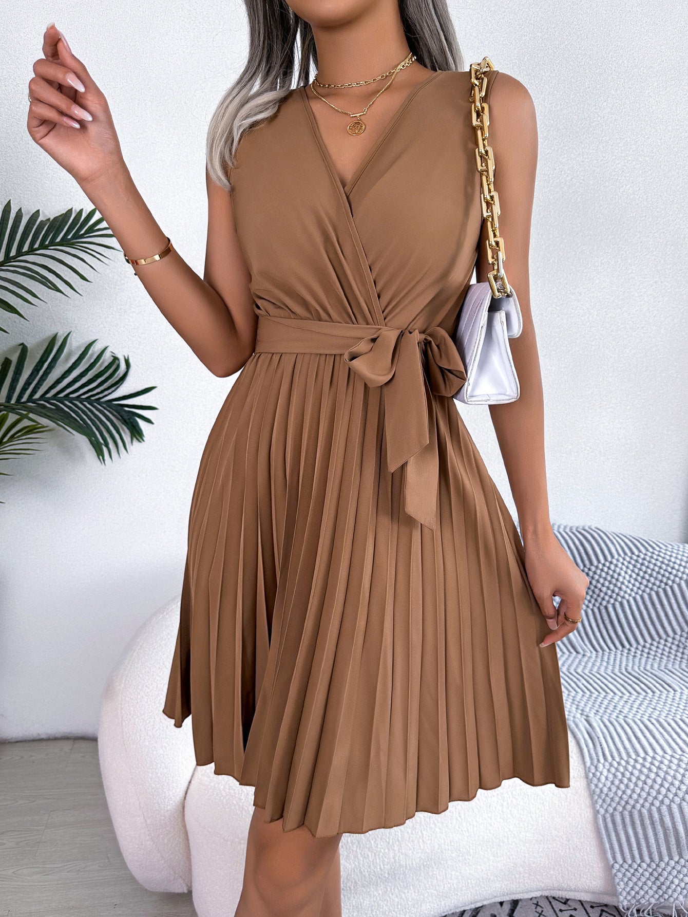Elegant Cross V Neck Sleeveless Tie Waist Pleated Dress