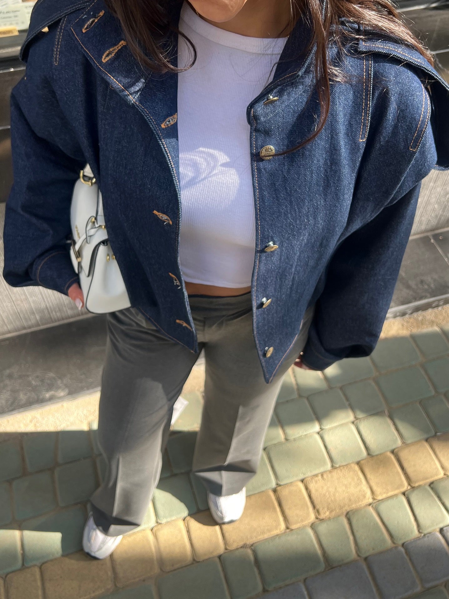 Dark Blue Denim Cropped Jacket With Gold Button Accents And Structured Shoulders