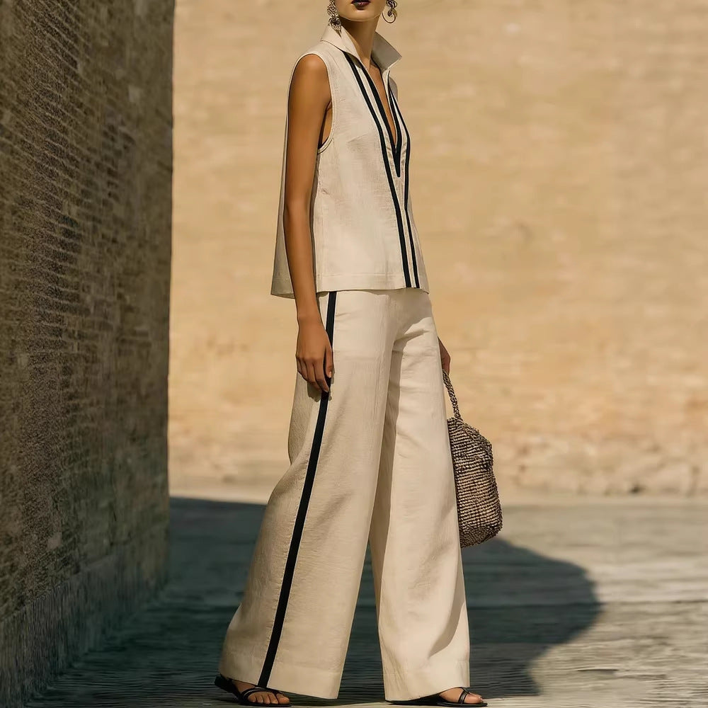 Contrasting-Color Sleeveless Single-Breasted Vest And Drawstring Pants Set