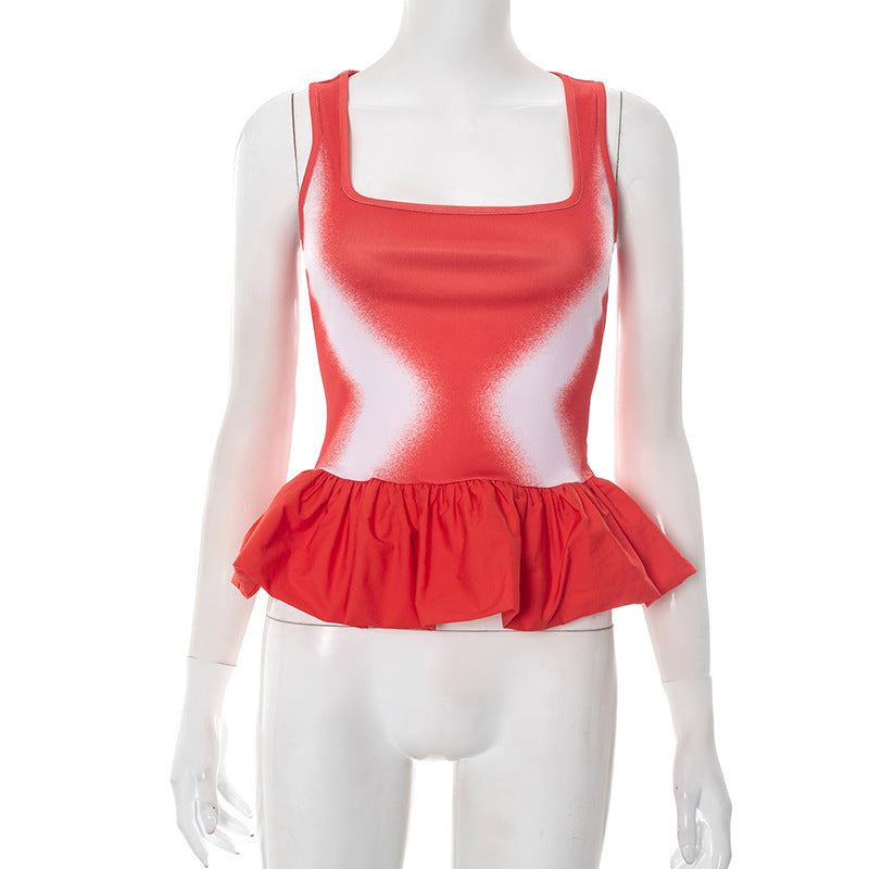 European And American U-neck Contrast-color Ruffled Sexy Vest T-shirt For Women