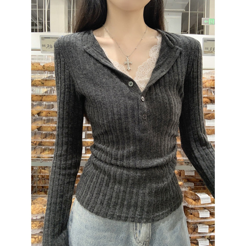 Button Half-open Collar Brushed Lace Patchwork Waist Pleated Top