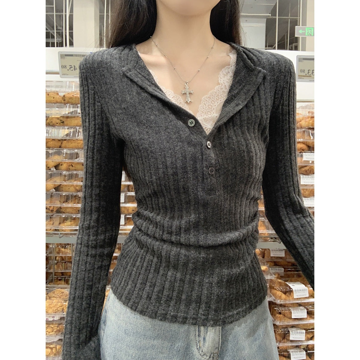 Button Half-open Collar Brushed Lace Patchwork Waist Pleated Top