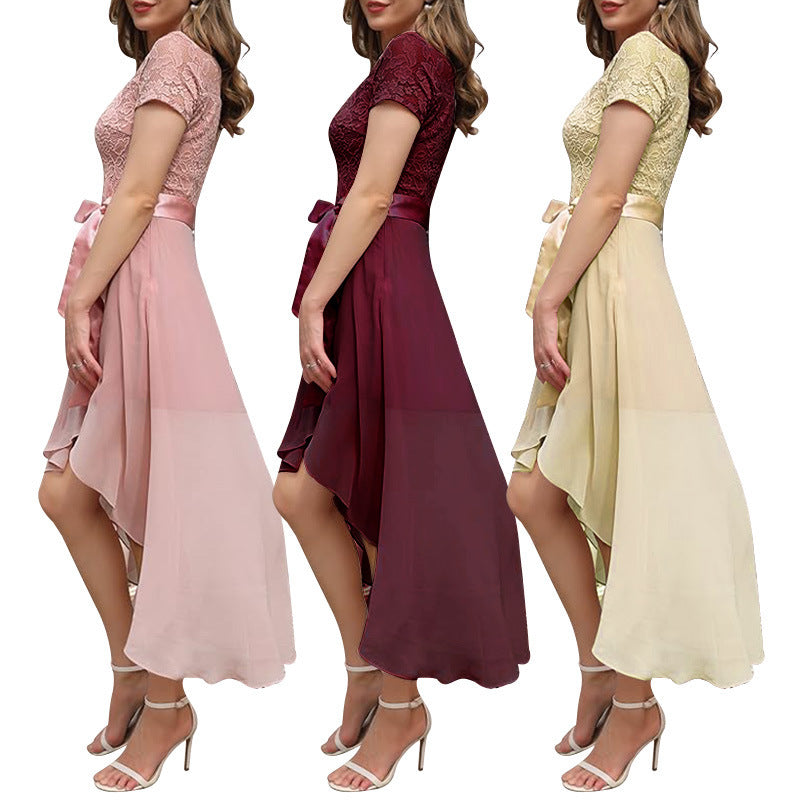 Lace Chiffon Ruffled High Slit Waist Round Neck Evening Dress Skirt