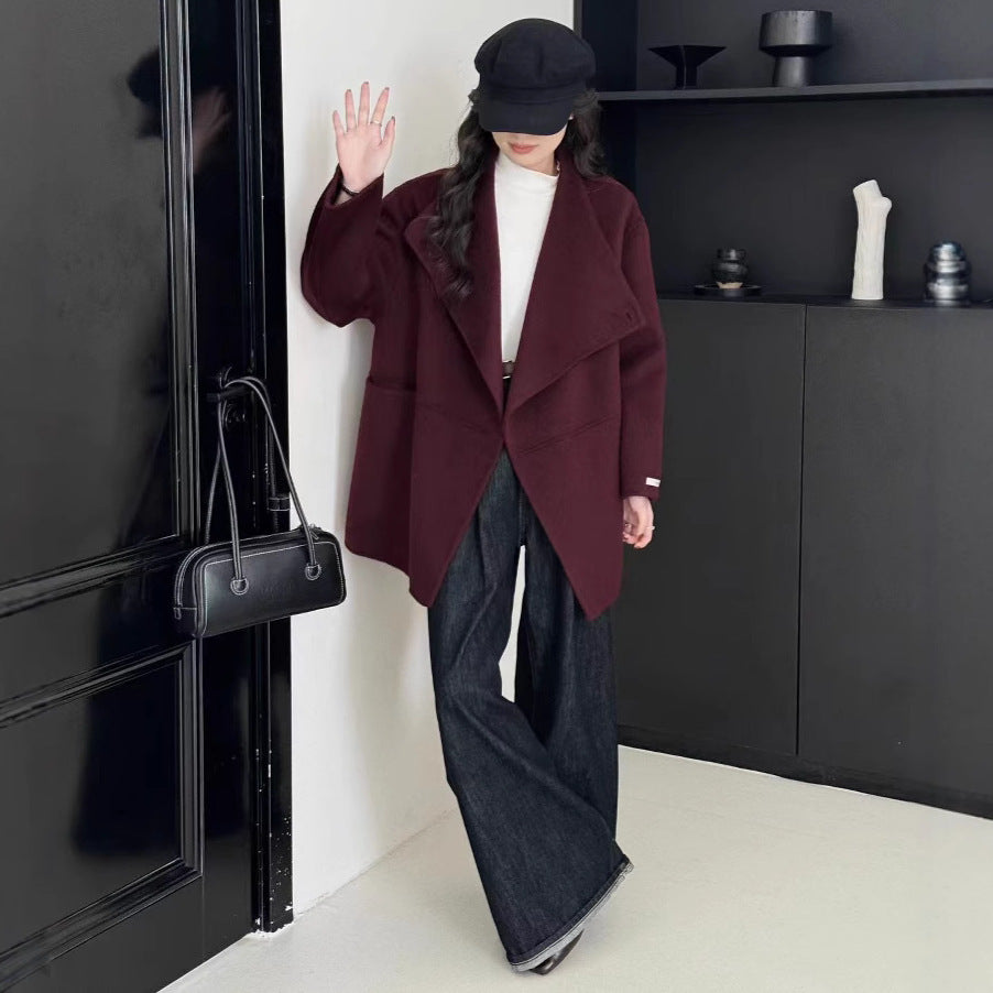 Large Lapel Solid Color One Button Drop-shoulder Sleeve Double-sided Wool Overcoat Coat