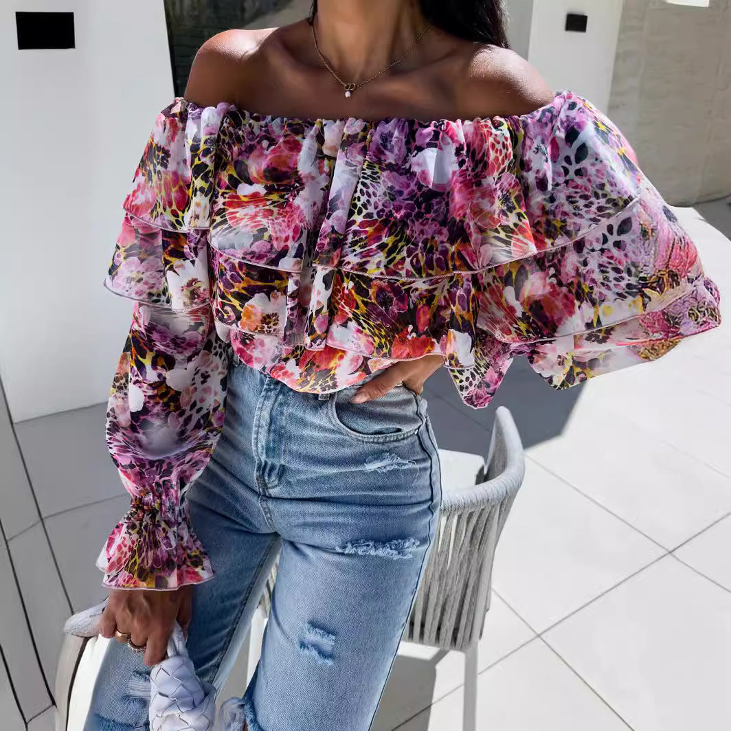 Fashionable Off-shoulder Print Blouse With A Boat Neckline