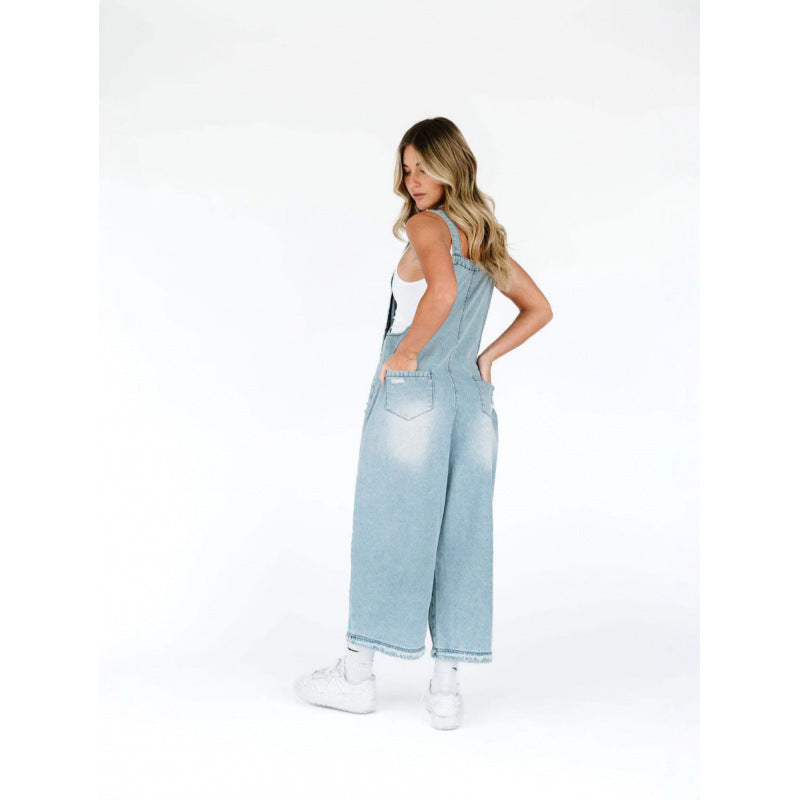 Retro Make Old Ripped Loose Wide Leg Denim Suspender Pants