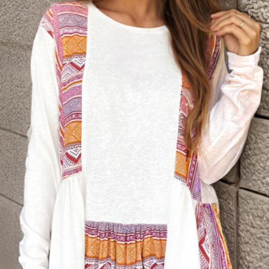 White Western Aztec Print Patchwork Ruffled Tunic Long Sleeve Babydoll Top