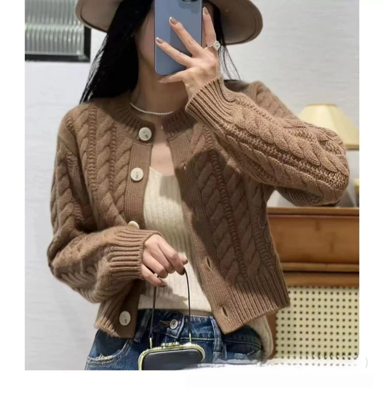 High Waist Thickened Round Neck Twist Soft Glutinous Knitted Cardigan Sweater