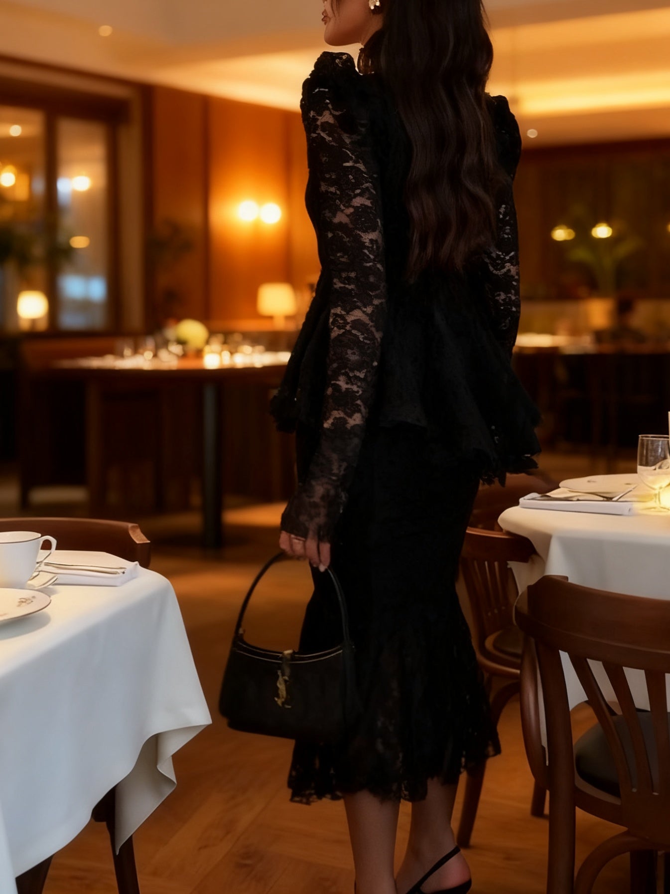 Glamorous Black Lace Peplum Top & Midi Skirt Set