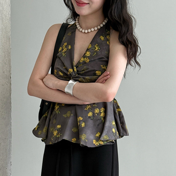 French Romantic V-neck Floral Halter Waist-controlled Top
