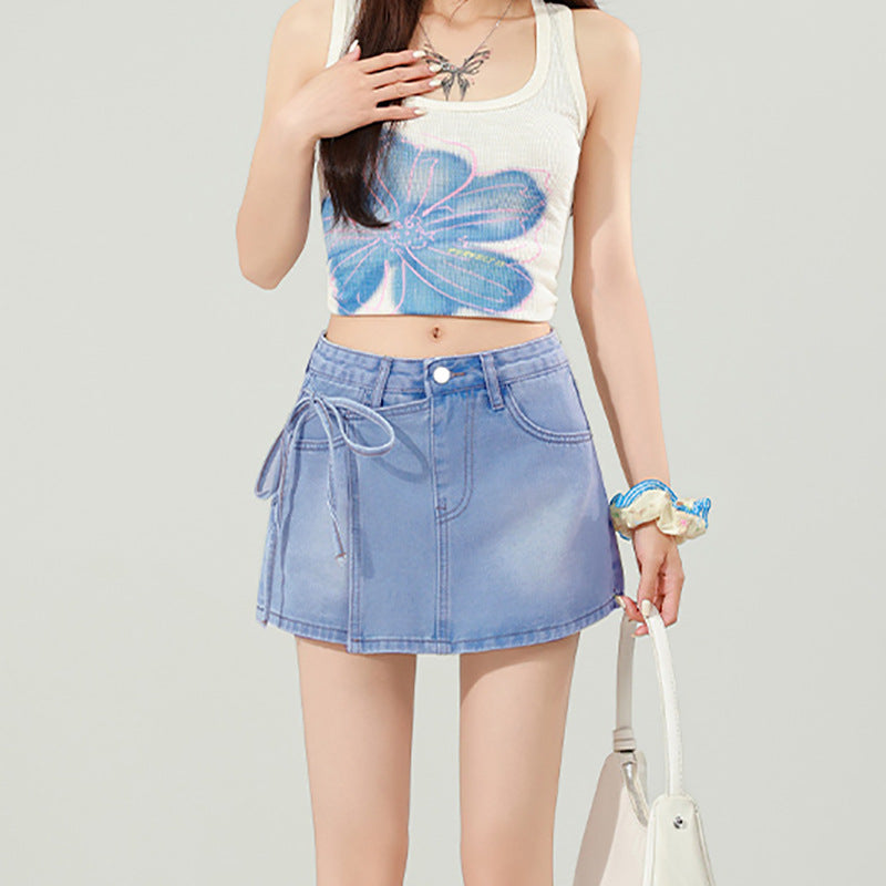 High-waisted Slimming Instagram-style Denim Skirt With Tie Details