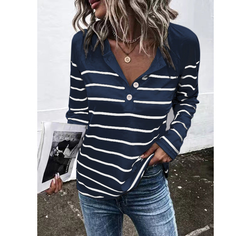 Striped Round Neck Button Casual Loose Long Sleeve