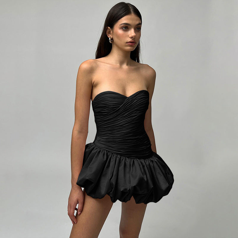Elegant Pure Color Tube-top Off-the-shoulder Pleated Body Shaping Pettiskirt