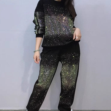 New Round Neck Pullover Long Sleeve Sweater Trousers Women's Clothing Starry Diamond Two-piece Set
