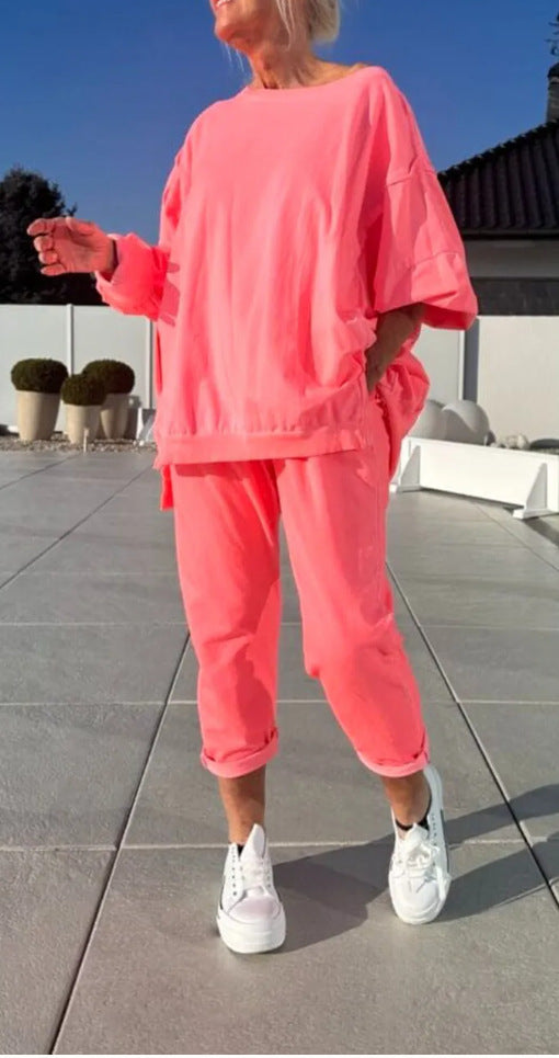 Casual Solid Color Round Neck Long Sleeve Top Two-piece Pants