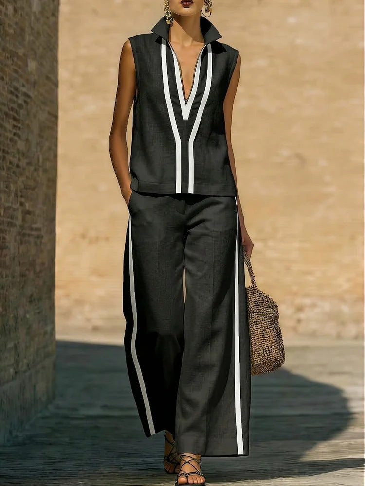 Contrasting-Color Sleeveless Single-Breasted Vest And Drawstring Pants Set