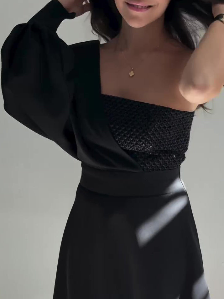 Black Two-Piece Set With Textured Strapless Top And Flared Mini Skirt