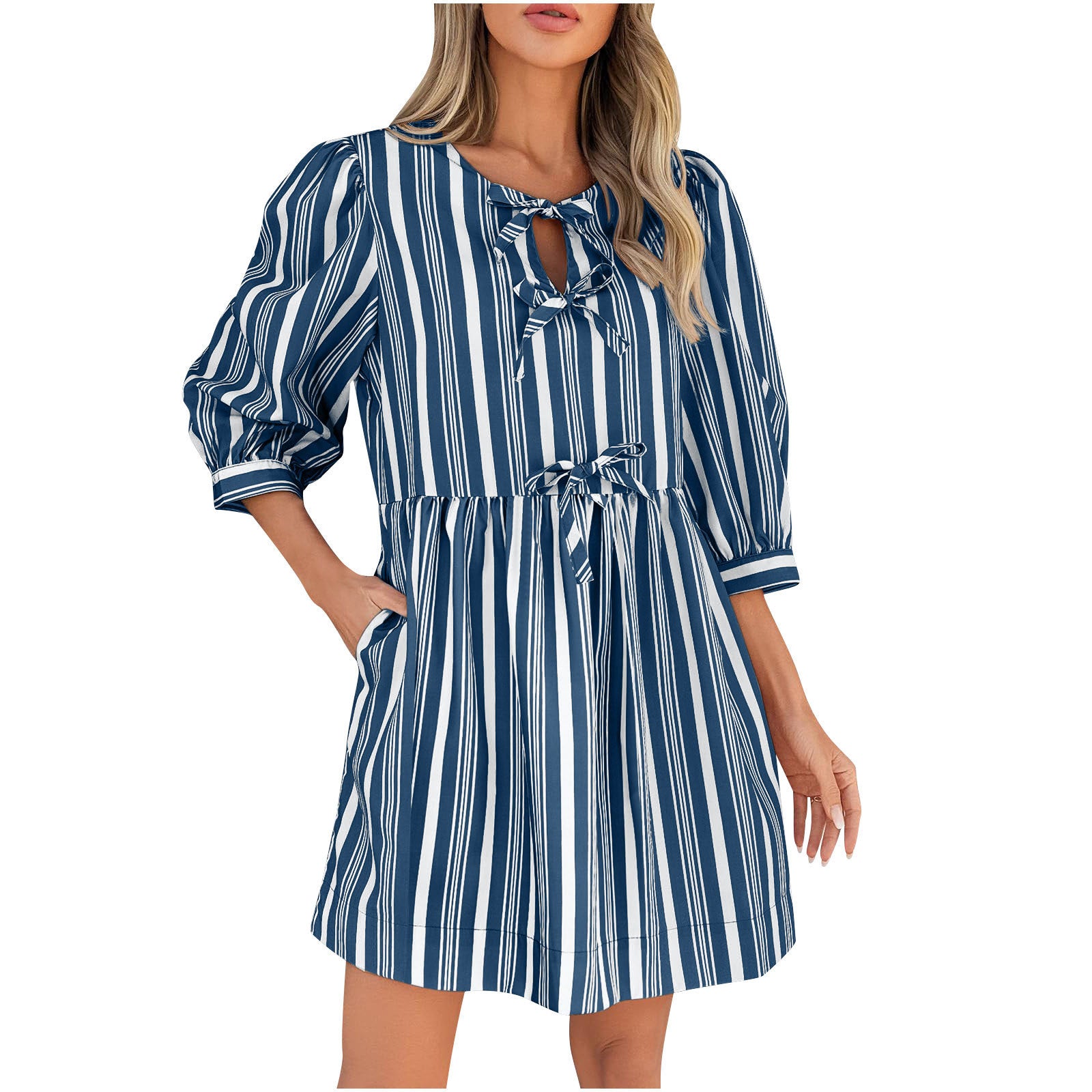 Comfort Lace-up Bow Three-quarter Sleeve Striped Dress