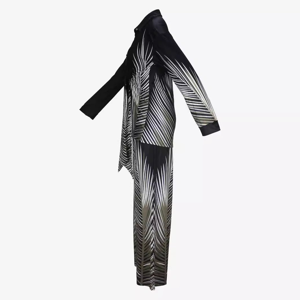Women's Fashion Printed Long-sleeved Trousers Casual Shirt Two-piece Set