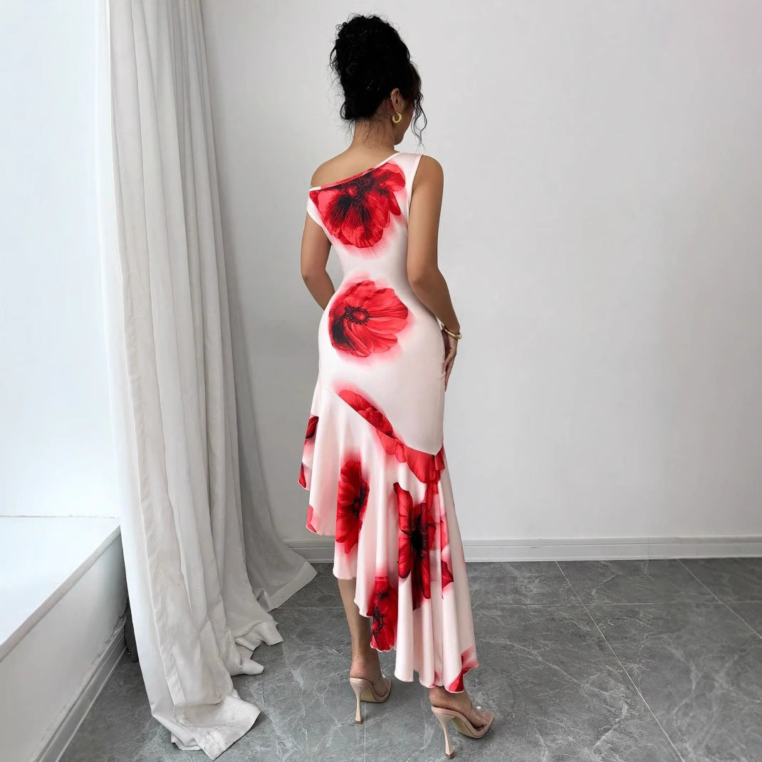 Elegant Asymmetrical Figure-flattering Dress With A Strategically Placed Hibiscus Floral Print