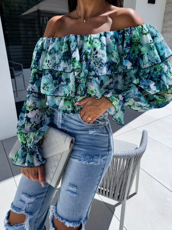 Fashionable Off-shoulder Print Blouse With A Boat Neckline
