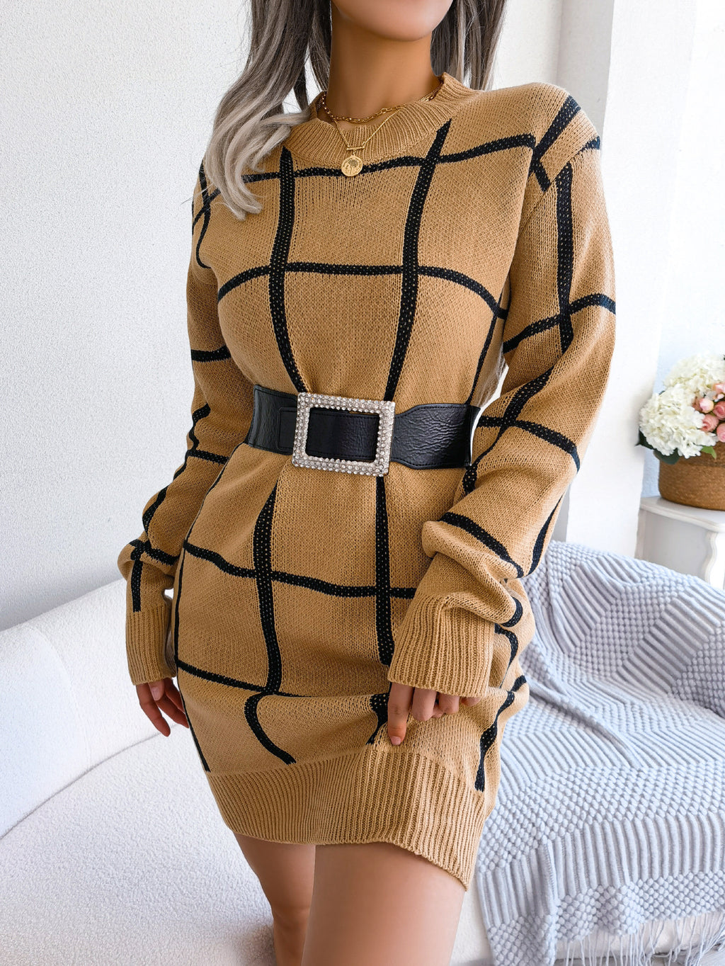 Casual Color Block Plaid Long Sleeve Sweater Dress