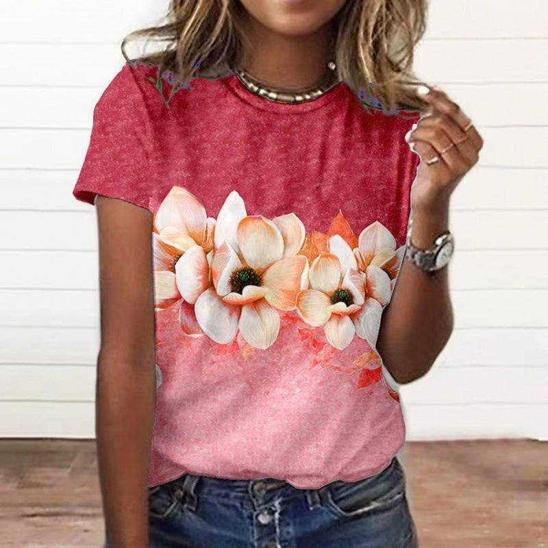 Artificial Cotton 3D Sunflower Print Round Neck T-shirt
