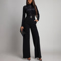 Womens Spring Autumn Lace-Panel Long-Sleeve Jumpsuit