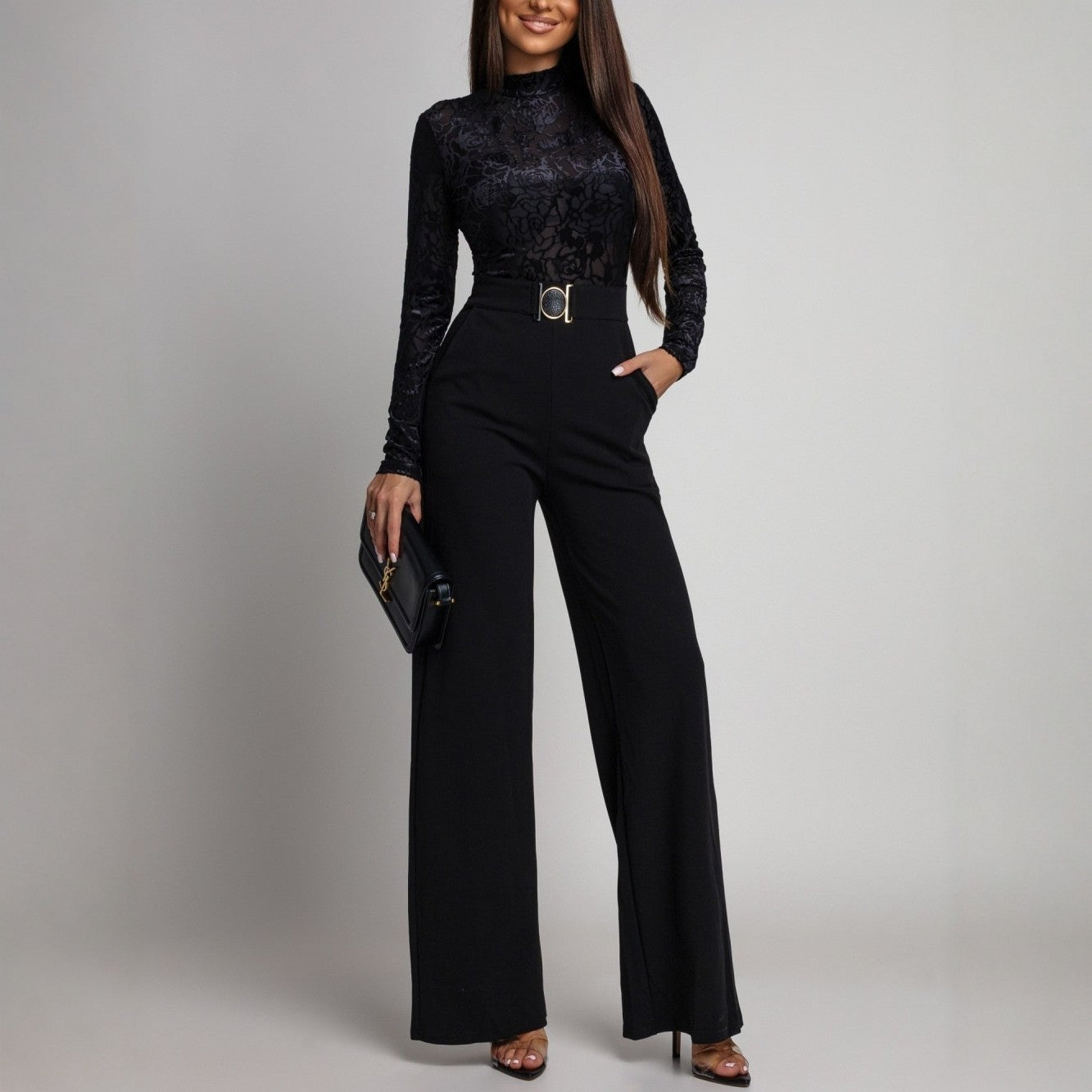 Womens Spring Autumn Lace-Panel Long-Sleeve Jumpsuit