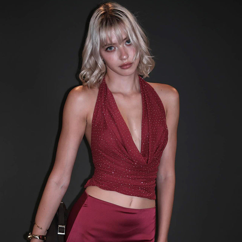 Halter Deep V Lace-up Backless Shiny Sexy Vest
