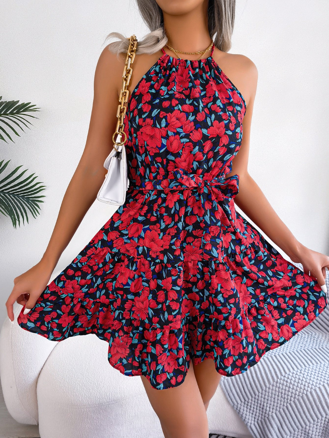 Casual Ruffle Hem Flowy Floral Print Vacation Dress