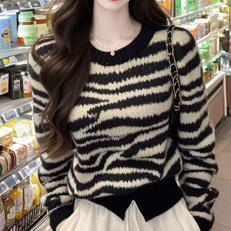 Retro Stunning Black Zebra-Print Crew-Neck Long-Sleeve Sweater