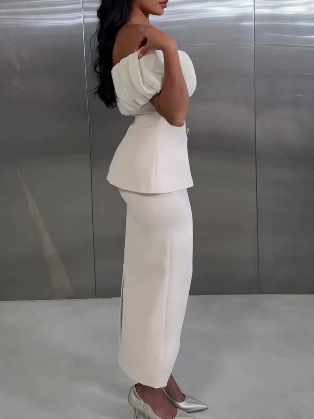 Ivory Off Shoulder Ruffle Top & Tailored High Waisted Skirt 2-Piece Set