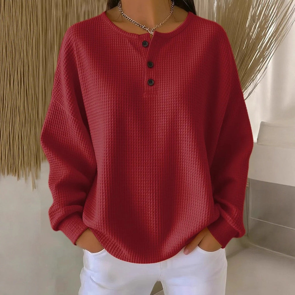 Round Neck Waffle Solid Color Pullover Loose Top