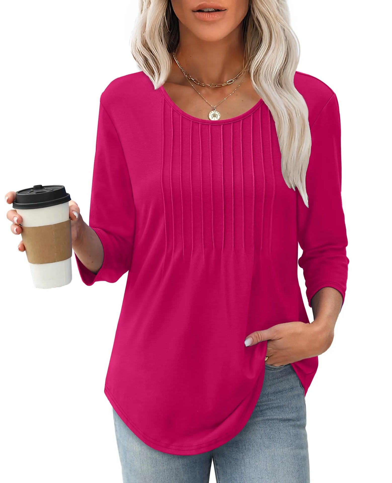 New Women's Long Sleeved Top, Fashionable And Casual Pleated Low Round Neck Women's T-shirt