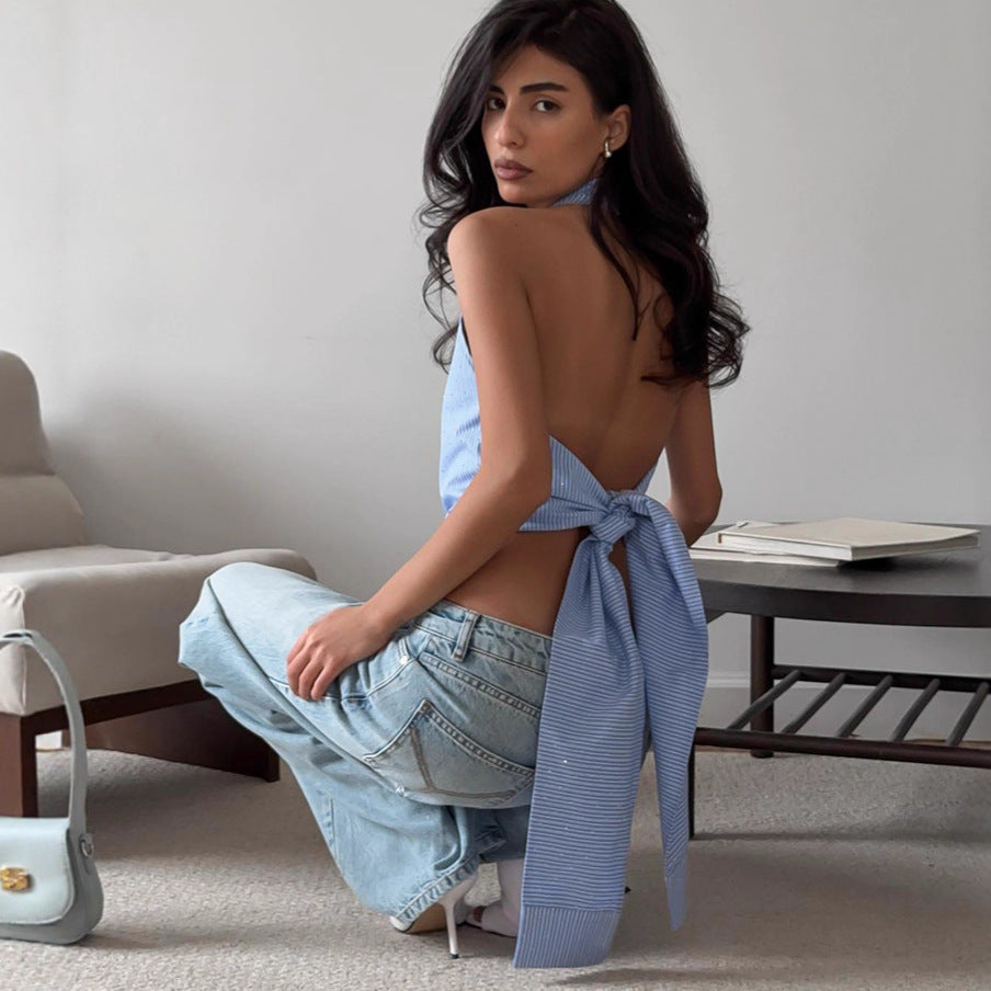 Jacquard Halter Backless Striped Camisole