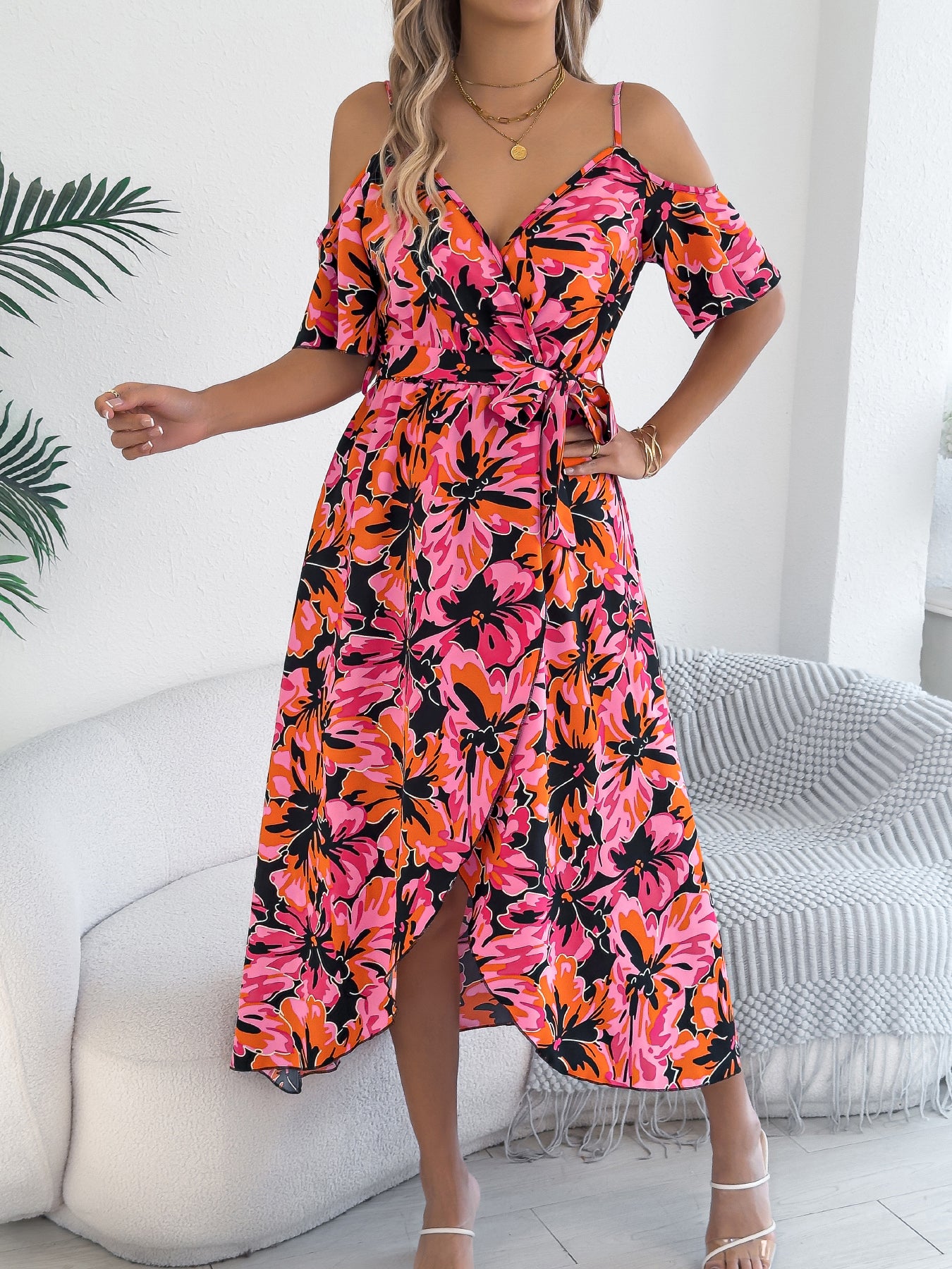 Off Shoulder Cross V Neck Floral Print Camisole Vacation Maxi Dress